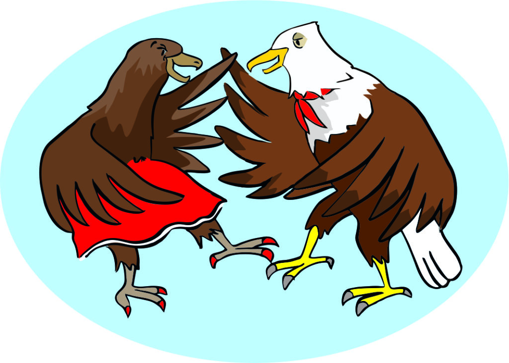 Logo der Dancing Eagles Cologne. Es zeigt zwei tanzende Adler vor einem hellblauem Oval.